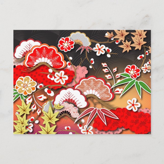 Postal Elegante kimono japonés de otoño (Anverso)