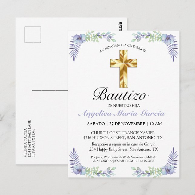 Postal Elegante Lavanda Cruz De Oro Bautizo Bebé Invitati (Anverso / Reverso)