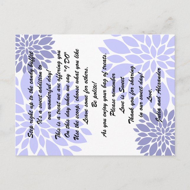 Postal Elegante Lavanda Floral Burst Candy Buffet Cards (Anverso)
