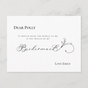 Postal Elegante Leaf Black Script Bridesmaid Request