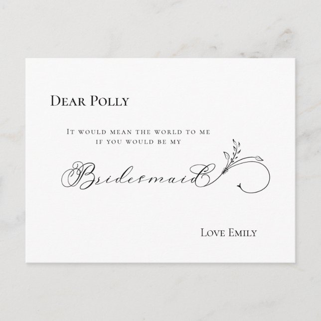 Postal Elegante Leaf Black Script Bridesmaid Request (Anverso)
