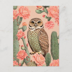 Postal Elegante Lechuza Y Cactús