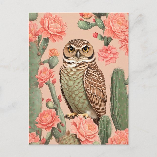 Postal Elegante Lechuza Y Cactús (Anverso)