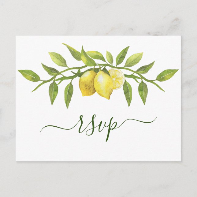 Postal Elegante Lemons Watercolor Greenery Wedding RSVP (Anverso)