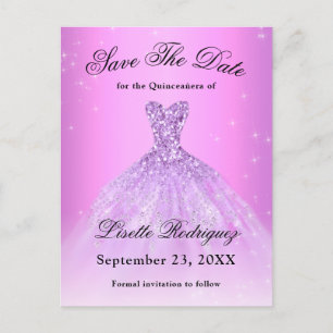 Postal Elegante Lila Púrpura Quinceañera Salva La Fecha