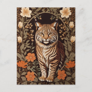 Postal Elegante Lince sobre Fondo Floral Marrón