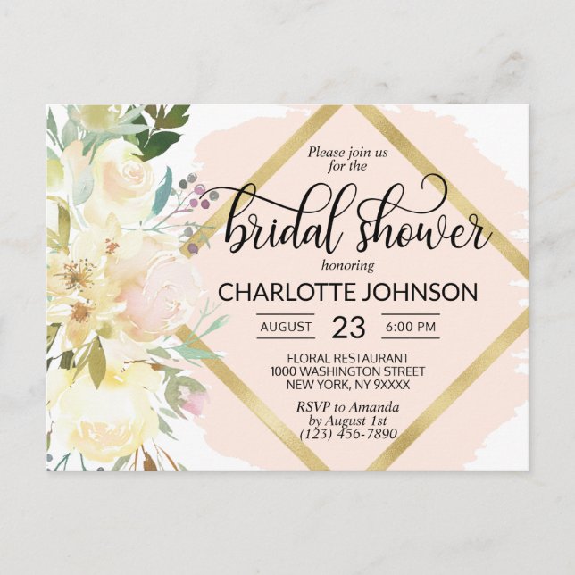 Postal Elegante lluvia de agua rosa floral Bridal Shower (Anverso)