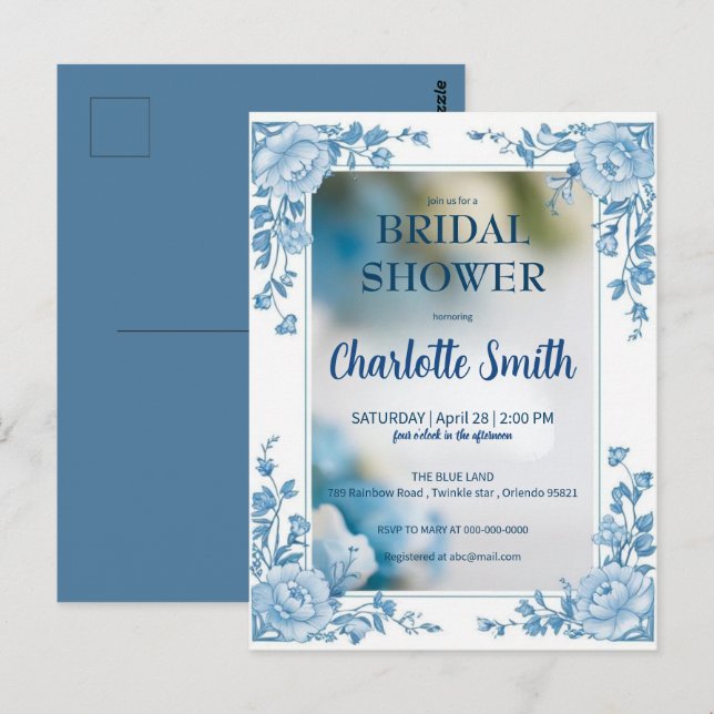Postal Elegante lluvia de flores azules chinoiserie nupci (Anverso / Reverso)