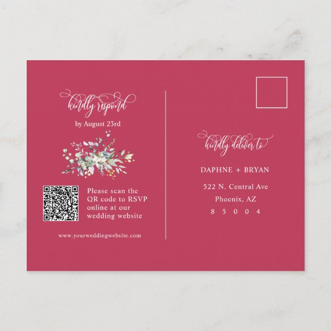 Postal Elegante Magenta Green Leaves QR Dirección de códi (Reverso)