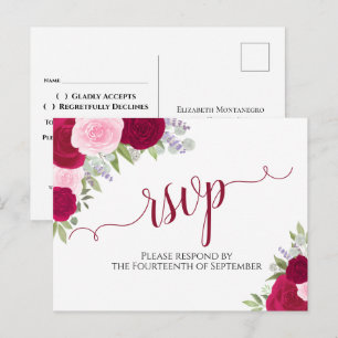 Postal Elegante Magenta Rosas de acuarela rosa Wedding RS