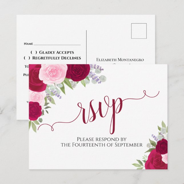 Postal Elegante Magenta Rosas de acuarela rosa Wedding RS (Anverso / Reverso)