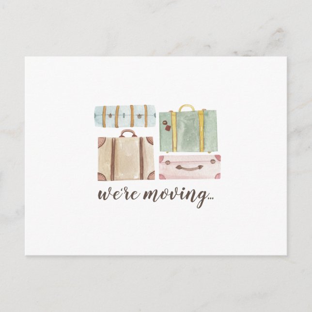 Postal Elegante maleta acuarela Nos estamos mudando (Anverso)