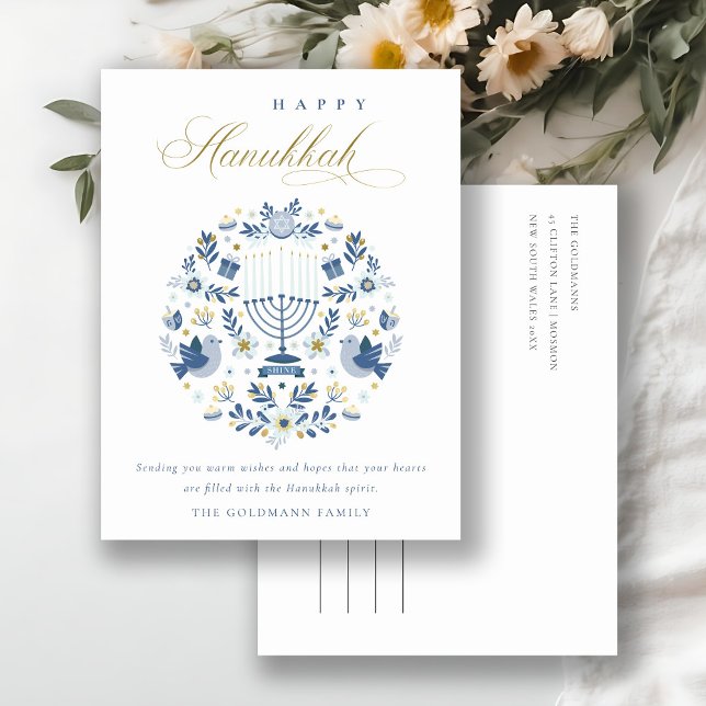 Postal Elegante Marina Clásica Azul Feliz Floral Hanukkah (Subido por el creador)