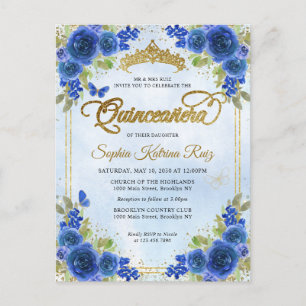 Postal Elegante Marina Floral Azul Oro Tiara Quinceañera