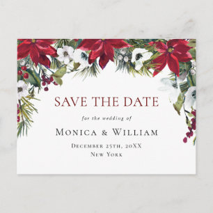 Postal Elegante matrimonio de la Poinsettia Roja salva la