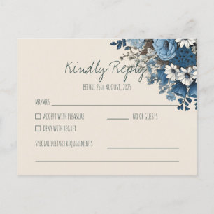 Postal Elegante matrimonio floral azul de la marina RSVP 