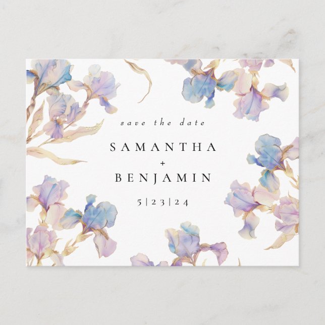 Postal Elegante matrimonio floral de Iris salva la fecha (Anverso)
