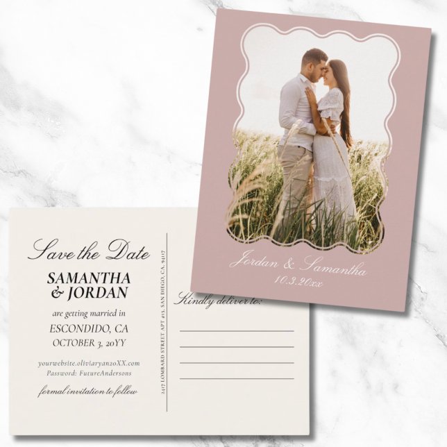 Postal Elegante matrimonio rosa polvoriento salva la post (Elegant Dusty Pink Wedding Save the Date Postcard)