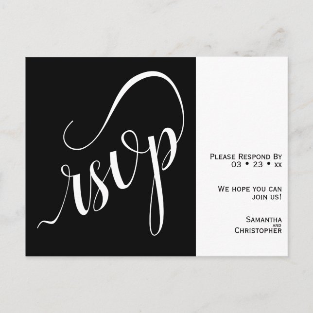 Postal Elegante Minimalista Boda Negra y Blanca RSVP (Anverso)