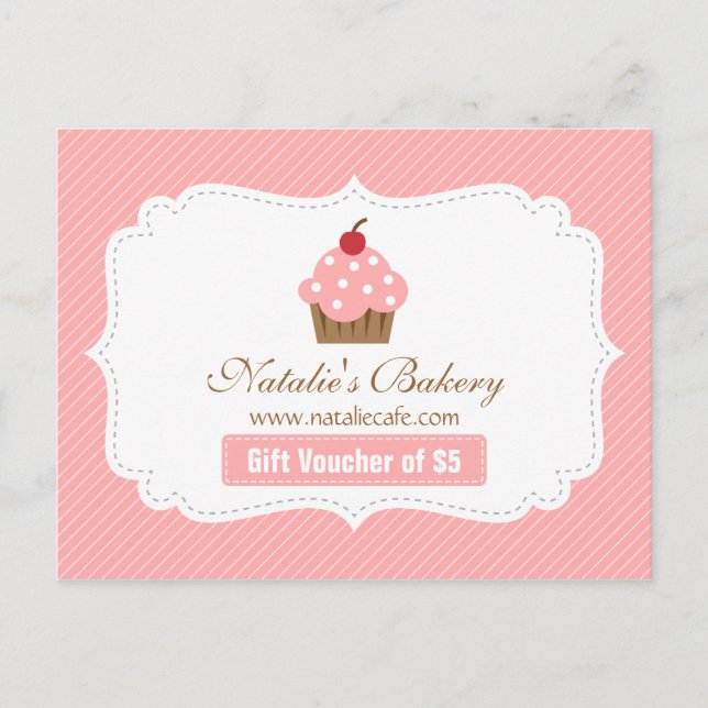 Postal Elegante, moderno, cupcake rosa, vale de panadería (Anverso)