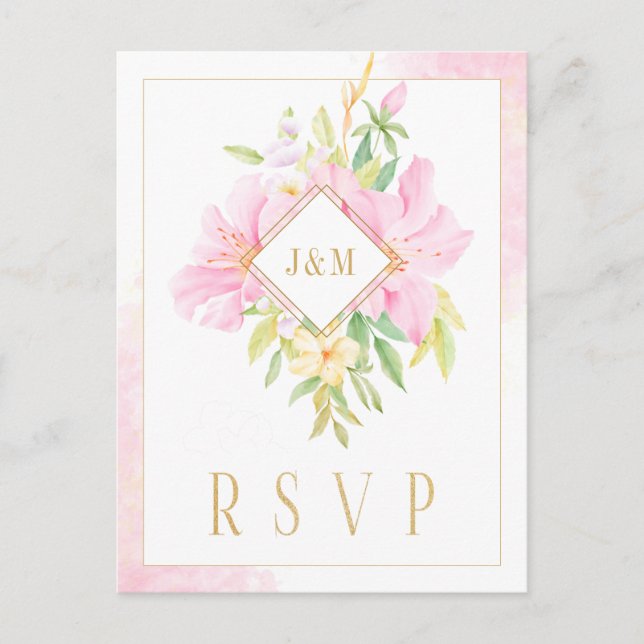 Postal Elegante Monograma Floral Acuarela Oro Rosa RSVP (Anverso)