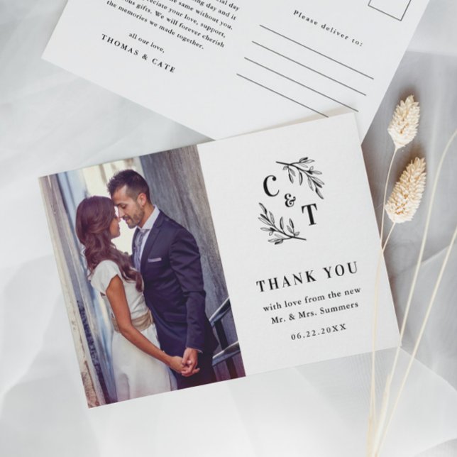 Postal Elegante Monograma Foto en blanco y negro Gracias (Subido por el creador)