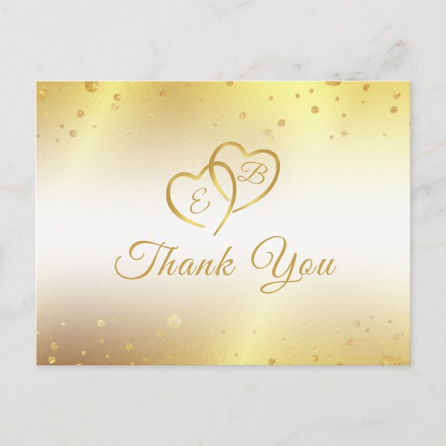 Postal Elegante Monograma Gold Hearts Confetti Gracias (Anverso)
