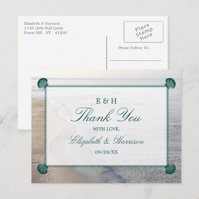 Postal Elegante Monograma y Verde azulada boda de playa d (Anverso / Reverso)