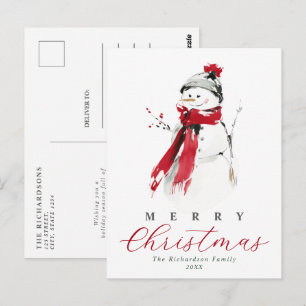 Postal Elegante muñeco de nieve navideño en acuarela lind