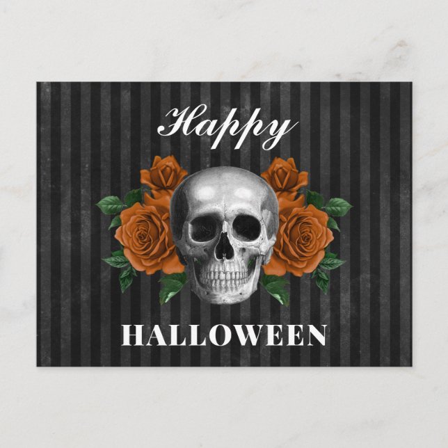 Postal Elegante Naranja gótico Floral Skull Feliz Hallowe (Anverso)