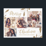 Postal Elegante Navidades botánicos de Collage de fotos G<br><div class="desc">Elegante y moderno Foliage botánico de oro deja 4 tarjetas postales de vacaciones de oro de Collage de fotos y de escritura navideña blanca. Esta plantilla festiva, mimánica, original de cuatro (4) fotos de postales para festividades presenta un collage de fotos de bonito, hojas de Relieve metalizado de oro falso...</div>