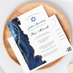 Postal Elegante Navy Blue Gold Agate Bar Mitzvah Fiesta<br><div class="desc">Elegante ágata azul marino y oro decora el costado de esta moderna ceremonia de Bar Mitzvah y invitación fiesta de postal. El nombre de su hijo está escrito en un hermoso guión formal bajo la Estrella de David. Perfecto para una moda, elegante familia judía celebrando que su hijo fuera llamado...</div>