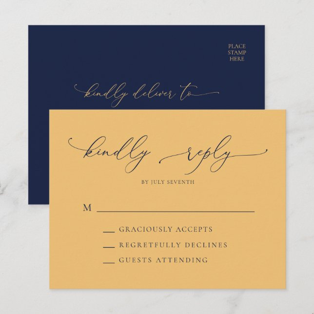 Postal Elegante Navy Blue & Gold Wedding Minimal RSVP (Anverso / Reverso)