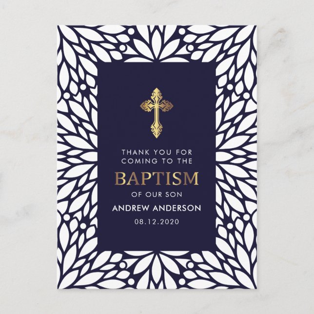 Postal Elegante Navy Blue Y Gold Baptism Gracias (Anverso)
