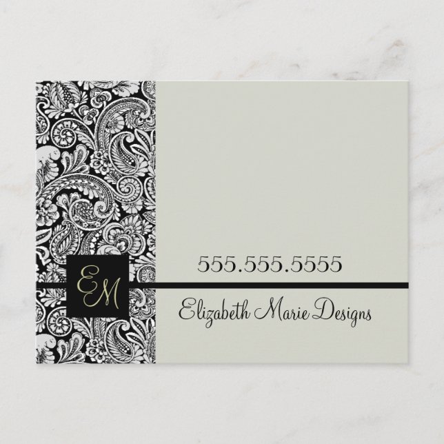 Postal Elegante Negra Damask Monogrammed Business (Anverso)