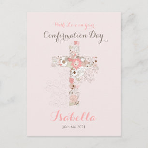 Postal Elegante nombre de cruz floral de confirmación de