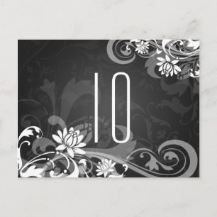 Postal Elegante Número de Mesa Floral Swirls Negro