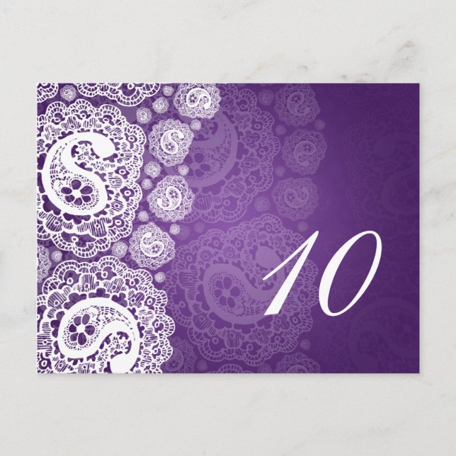 Postal Elegante Número de Mesa Paisley Lace Purple (Anverso)