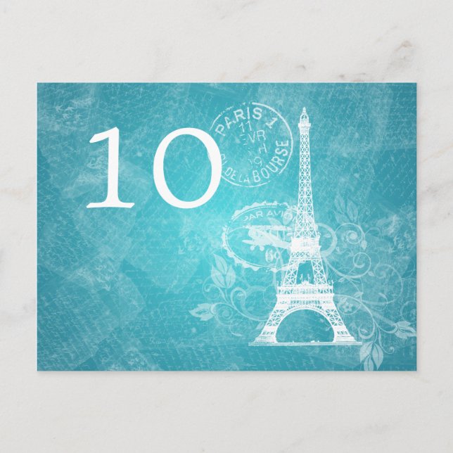Postal Elegante número de mesa romántico París azul (Anverso)