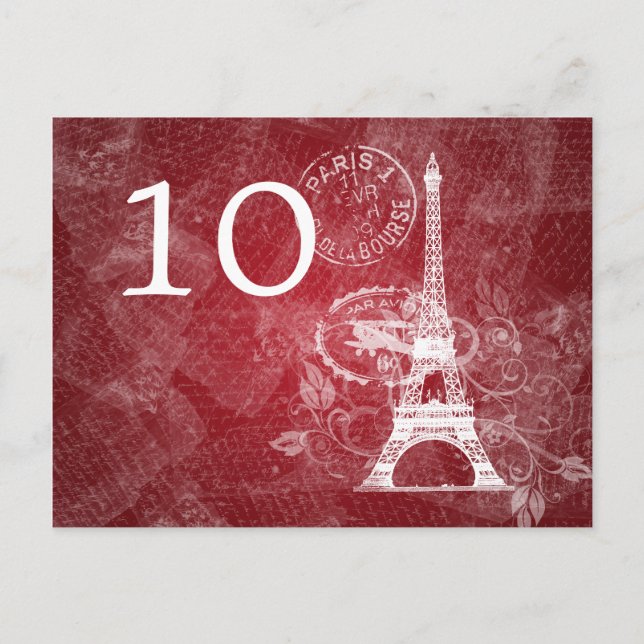 Postal Elegante Número de Mesa Romántico París Rojo (Anverso)
