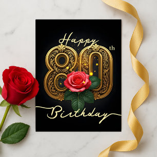Postal Elegante Octogésimo Oro Flores Rosa Cumpleaños
