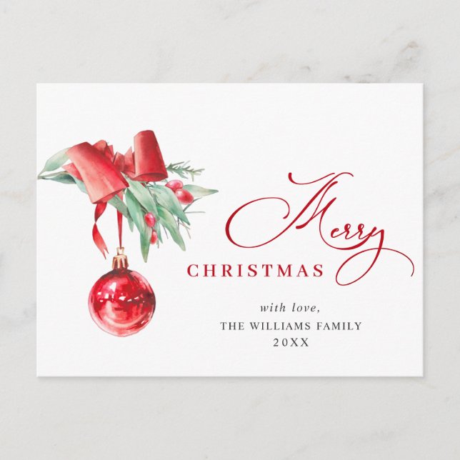 Postal Elegante Ornamento Rojo Feliz Navidad (Anverso)