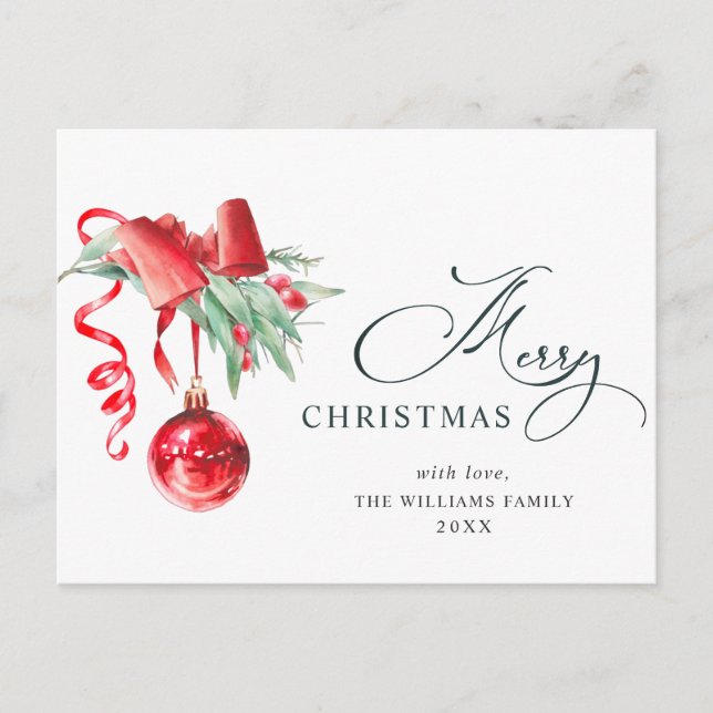 Postal Elegante Ornamento Rojo Feliz Navidad (Anverso)