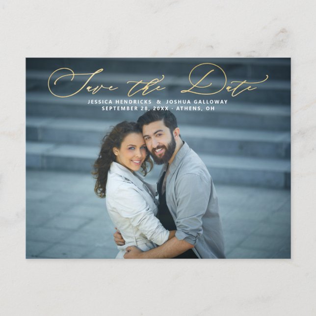 Postal Elegante Oro Script Overlay Foto Guardar la fecha (Anverso)