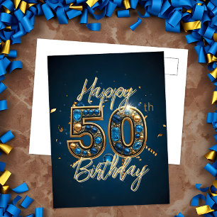 Postal Elegante Oro y Gemstone Azul 50 cumpleaños