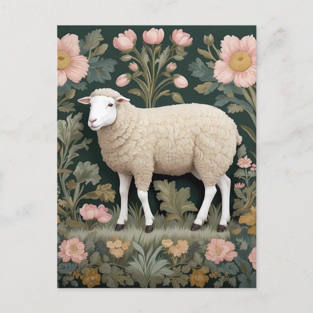 Postal Elegante oveja blanca William Morris inspirado (Anverso)