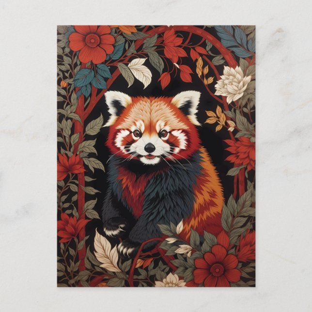 Postal Elegante Panda Rojo William Morris Inspirado Flora (Anverso)