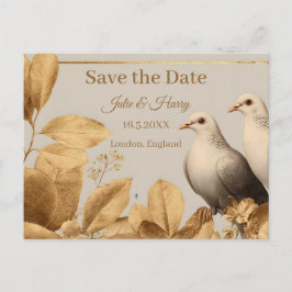 Postal Elegante Pareja de Palomas con Hoja de Oro Save th