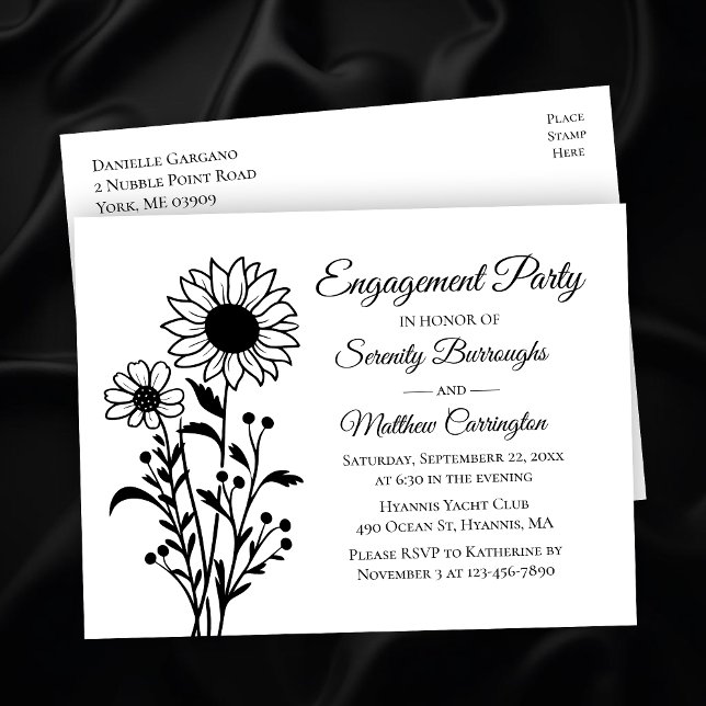 Postal Elegante partido de compromiso floral blanco y neg (Subido por el creador)