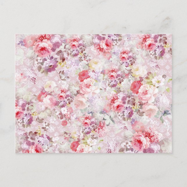 Postal Elegante patrón de damasco real de flores rosadas  (Anverso)